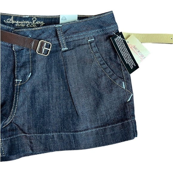American Rag Blue Cuffed Brown & Gold Belted Jeans Shorts Flap Pocket Size 9 NWT - Picture 3 of 15